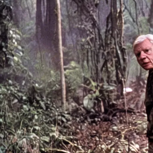 Prompt: cinematic still of sir david attenborough, covered in mud and standing in front!!!! of the predator!!!!! in 1 9 8 7 movie predator hd, 4 k