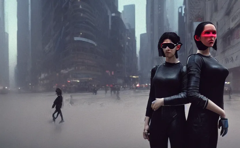 Image similar to cinestill 5 0 d photographic portrait by helen levitt of two loving female androids wearing black techwear in a brilliant cyberpunk city, extreme closeup, modern cyberpunk, dust storm, 8 k, hd, high resolution, 3 5 mm, f / 3 2, ultra realistic faces, intricate detail, ex machina