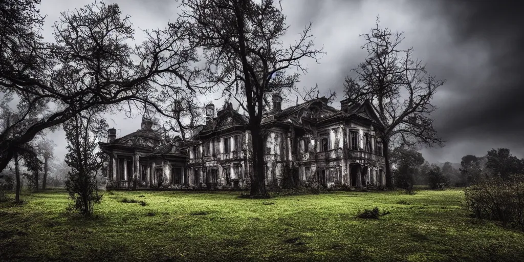 Image similar to a haunted old villa in the middle of an ancient forest, ominous Sky, gloomy atmosphere, cinematic, mist, High definition, 8k, ultra detailed