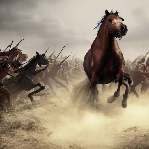 Image similar to an horse attacking a horde of humans in a battlefield, explosions, foggy, dust, dirt, cinematography, photography, realistic, detailed,
