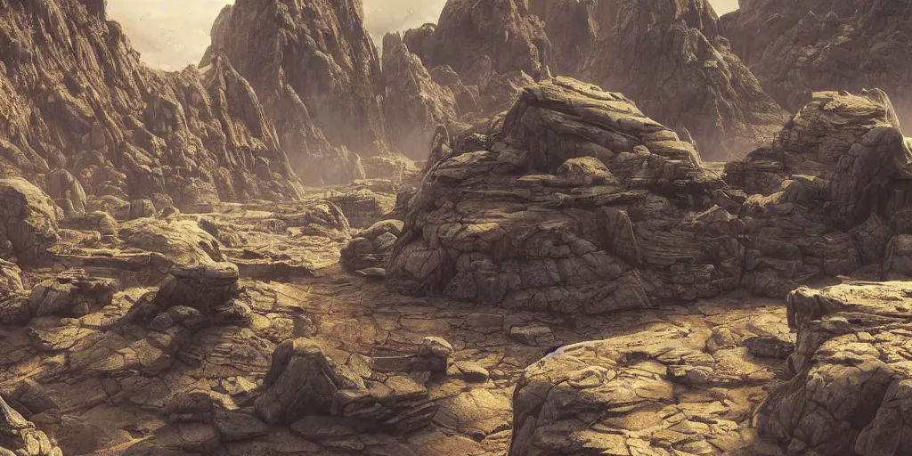 Prompt: flat surface, sci-fi rocky terrain environment in the style of a miniature movie sets and 1980s matte paintings by Lucasfilm ultra realistic, 4K, movie still, UHD, sharp, detailed, cinematic, render, star wars, star trek, 1970s