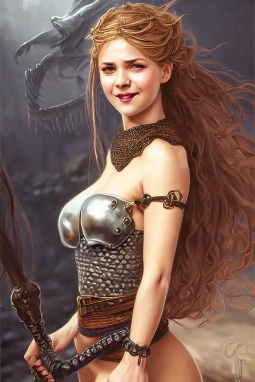 Image similar to Portrait of seductive female fighter, D&D, revealing stylish dress like chainmail, choker on neck, very long flowing hair, mouth slightly open, cute slightly nerdy smile, fantasy, intricate, elegant, stylish, highly detailed, digital painting, artstation, concept art, smooth, sharp focus, illustration, art by artgerm and greg rutkowski and alphonse mucha