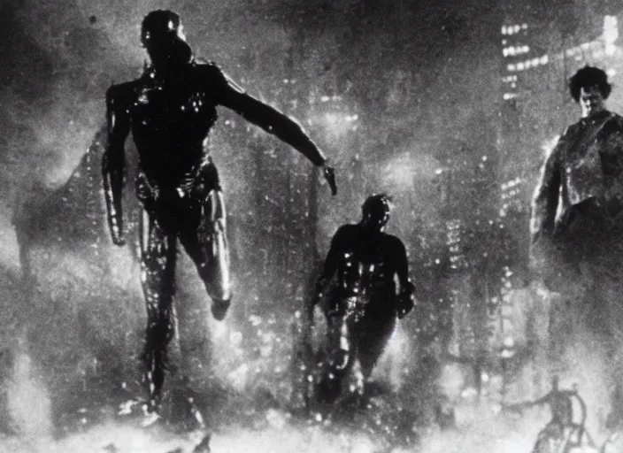 Image similar to action scene from the 1912 science fiction film Blade Runner