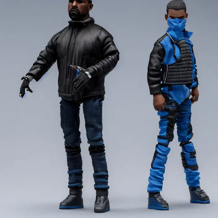 Image similar to a action figure of kanye west using full face - covering black mask with small holes. a small, tight, undersized reflective bright blue round puffer jacket made of nylon. a shirt underneath. jeans pants. a pair of big rubber boots, figurine, detailed product photo, 4 k, realistic, acton figure, studio lighting, professional photo