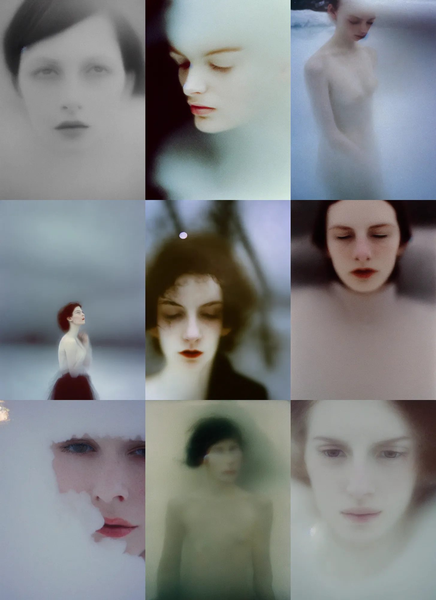 Prompt: out of focus photorealistic portrait of a beautiful aesthetic pale woman by saul leiter, behind an ice sheet, very blurry, translucent white skin, closed eyes, foggy