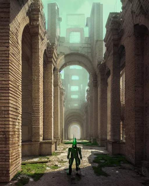 Prompt: hyperrealistic 3d render high quality baroque mecha iridescent pink brutalist city ruins background concept art vray! santiago caruso de chirico sharp very dramatic green light 8k low angle shallow depth of field