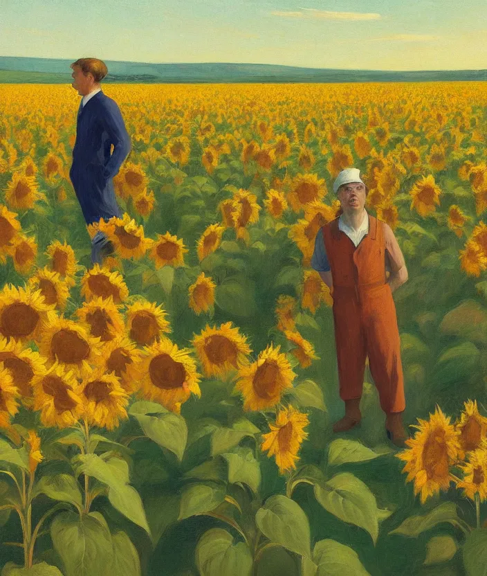 Image similar to a portrait painting of a man in an oranger prisoner overall, standing in beautiful sunflower field, screaming and sad, highly detailed, aesthetic stars in the sky, in the style of edward hopper, very fine brush strokes, 4 k,