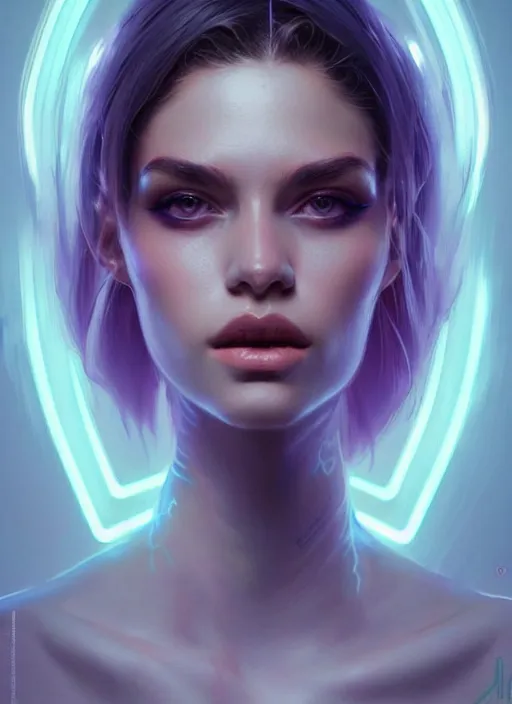 Prompt: portrait of european female humanoid, very intricate, elegant, cyber neon lights, highly detailed, digital illustration, trending in artstation, trending in pinterest, glamor pose, concept art, smooth, sharp focus, art by artgerm and greg rutkowski