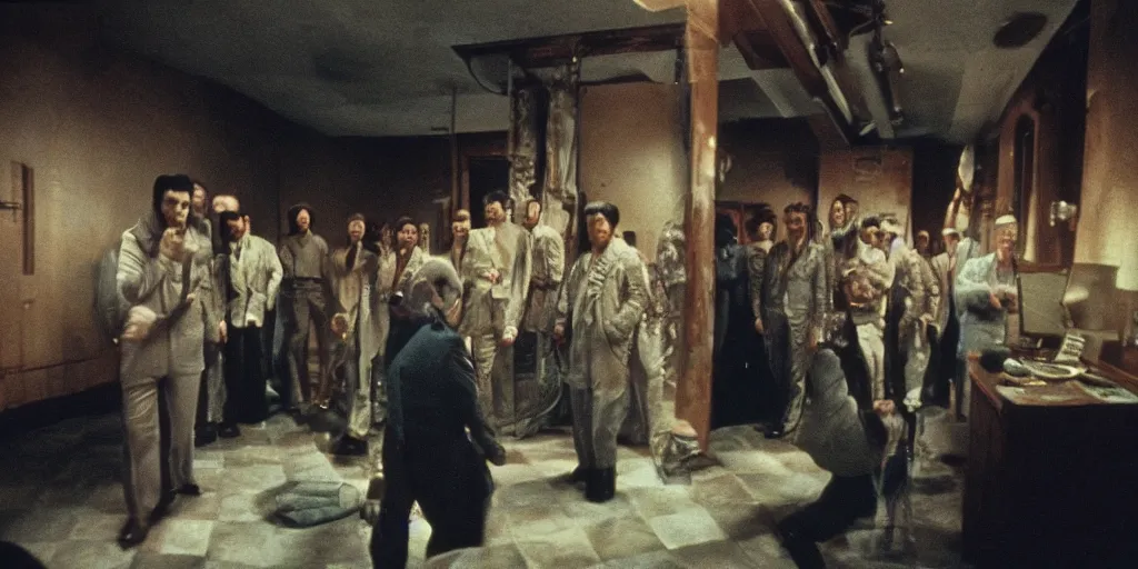 Image similar to detailed medium format photo, polaroid still from tarkovsky movie, elvis impersonators waiting for callback, haze, high production value, intricate details, 8 k resolution, hyperrealistic, hdr, photorealistic, high definition, technicolor, award - winning photography, masterpiece, amazing colors