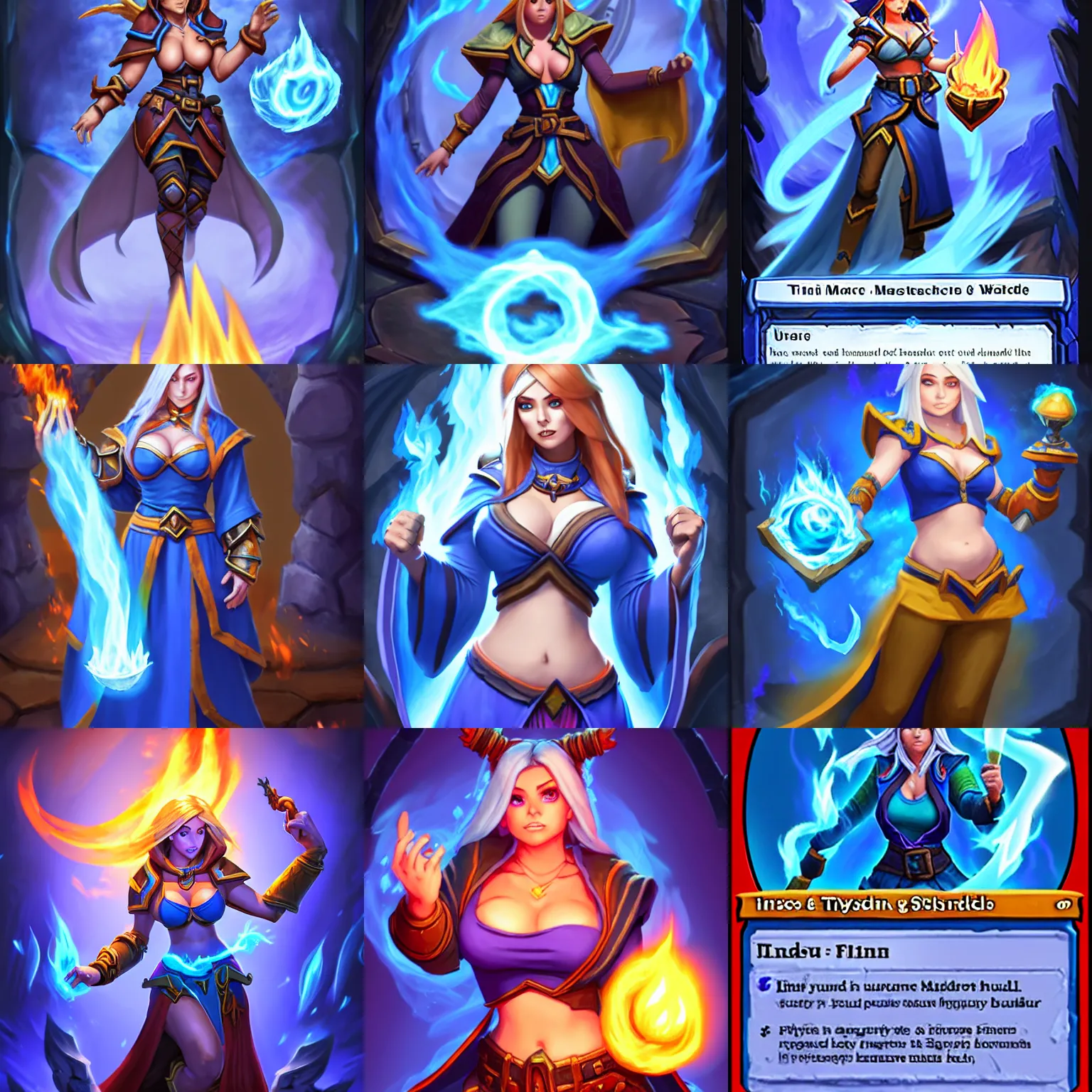 Prompt: Physical : tinyest midriff ever, largest haunches ever, fullest body, small head, SFW huge breasts; Who : a female mage with a blue robe casting a fire spell; Guideline : Hearthstone official splash art, SFW, perfect master piece, award winning