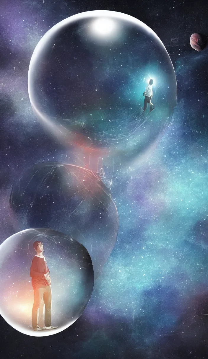 Prompt: a young man alone in one enormous transparent spherical capsule in the middle of outer space, digital art