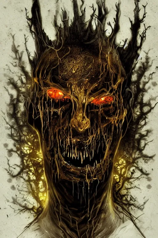 Image similar to portrait of the god of decay and rot, character design, scary, radiating with power, glowing yellow eyes, whirling death, disgusting, dripping, oily, decomposition, ghostly mist, scary, unreal engine, photorealistic