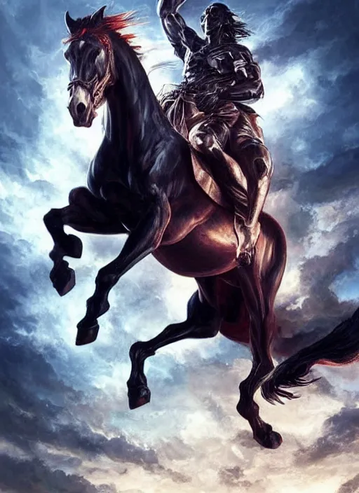 Prompt: the singular horseman of the apocalypse is riding a strong big black stallion, horse is up on its hind legs, the strong male rider is carrying the scales of justice, beautiful artwork by artgerm and rutkowski, breathtaking, beautifully lit, dramatic, full view