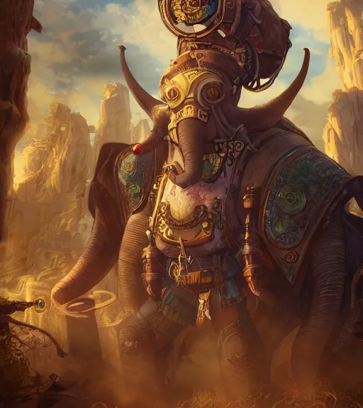 Prompt: an epic fantasy comic book style portrait painting of a steampunk - elephant, studio ghibli, unreal 5, daz, hyperrealistic, octane render, cosplay, rpg portrait, dynamic lighting, intricate detail, harvest fall vibrancy, cinematic