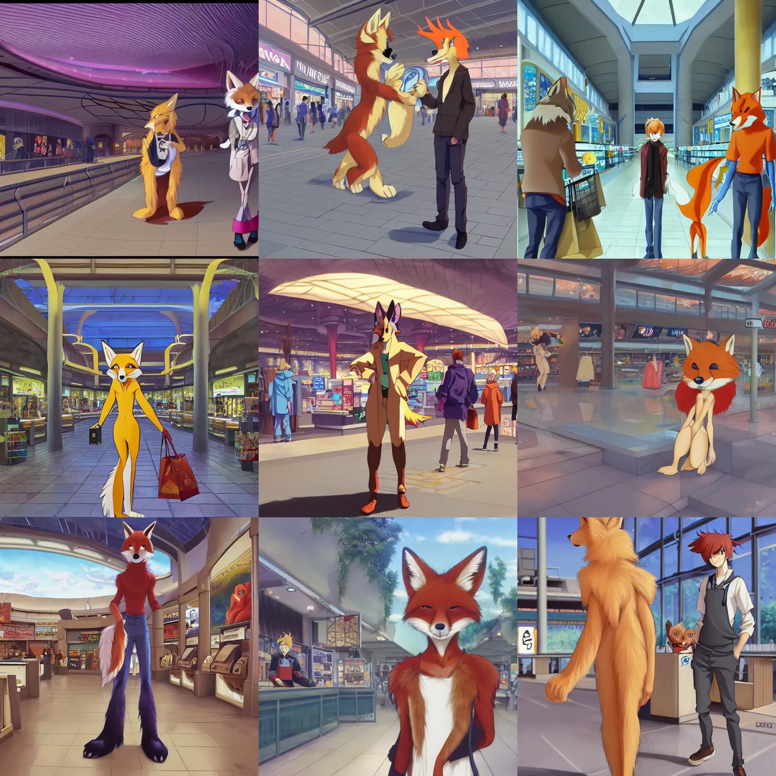 Image similar to anthro art commission of an anthropomorphic natural furry ( ( fox ) ) person shopping at a futuristic mall, photorealistic, key anime art, makoto shinkai, james gurney, don bluth, disney!!!!, hibbary, dark natasha, goldenwolf, furaffinity, fursona, greg rutkowski