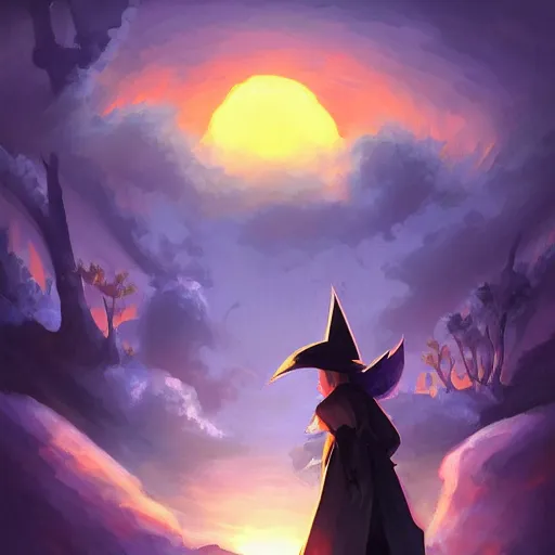 Image similar to painting of black mage!!!!!!! from final fantasy 9!!!!!, watching a purple and orange sunset!!, from the black mage cemetery!!!, in the style of justin gerard!!!!, pine trees, hilltop