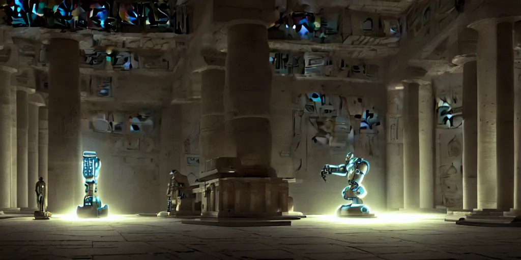 Prompt: sci fi robot repairshop inside of an egyptian temple, tuomas korpi, volumetric light, artstation, octane render, redshift render, low angle camera, intricate, 8 k, matte painting, volumetric lighting, cinematic composition, from avatar ( 2 0 0 9 ), artstation -