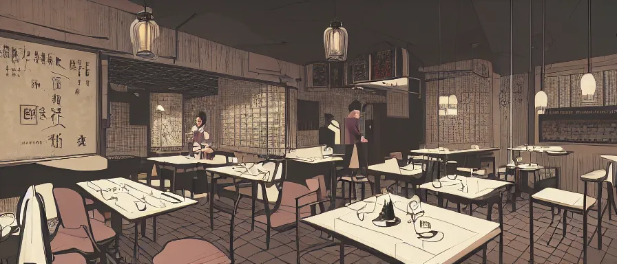 Image similar to a beautiful interior view illustration of a small roasted string hotpot restaurant in yan'an city, restaurant wall paper is a tower on a mountain, rectangle white porcelain table, people are eating, black chair, animation illustrative style, from china, simple style structure decoration design, victo ngai, james jean, 4 k hd