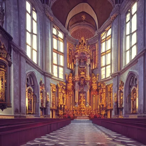 Prompt: interior of giant baroque church, beautiful, wide shot, high detail, unreal engine 5, octane render, symmetrical, perfect light, stained glass, light rays, massive