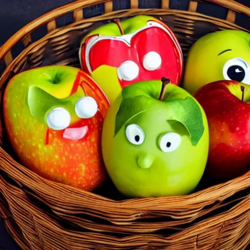 Image similar to anthropomorphic apples with mustaches and hats in a fruit basket