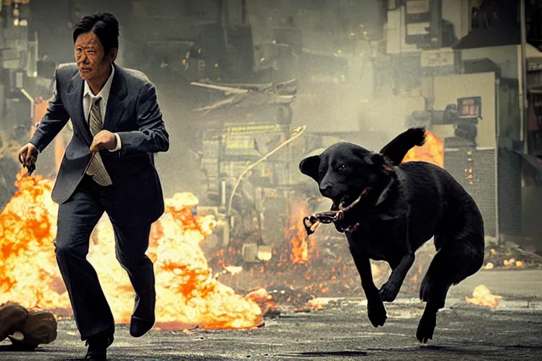 Image similar to cinematography action movie closeup portrait of a Japanese business man carrying his dog running from an explosion in Tokyo by Neil blomkamp