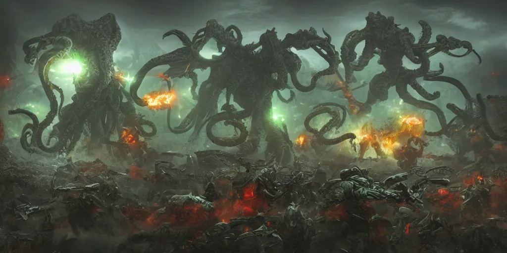 Image similar to long shot, fantasy battlefield, autobots against cthulhu with magic and terror beasts, digital art, art station, render, volumetric light