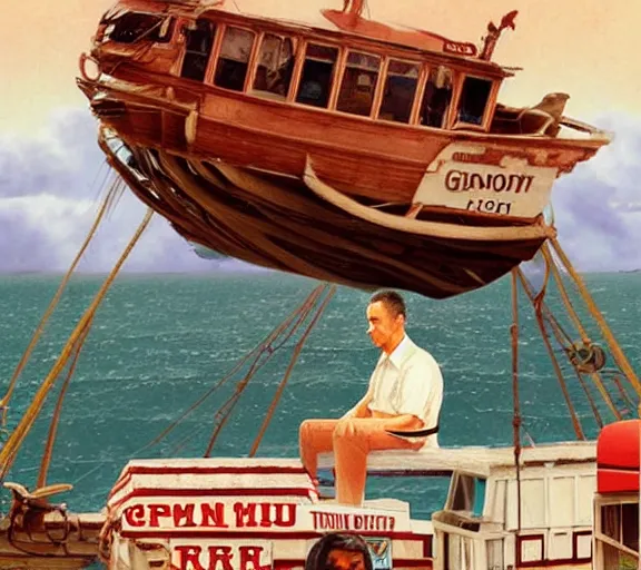 Image similar to Tom hanks as forrest gump sitting in a giant shrimp boat, majestic beautiful world, digital art, amazing detail, artstation, in the style of norman rockwell