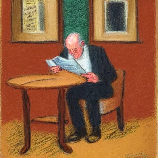 Prompt: man reading newspaper in a bar, pastels