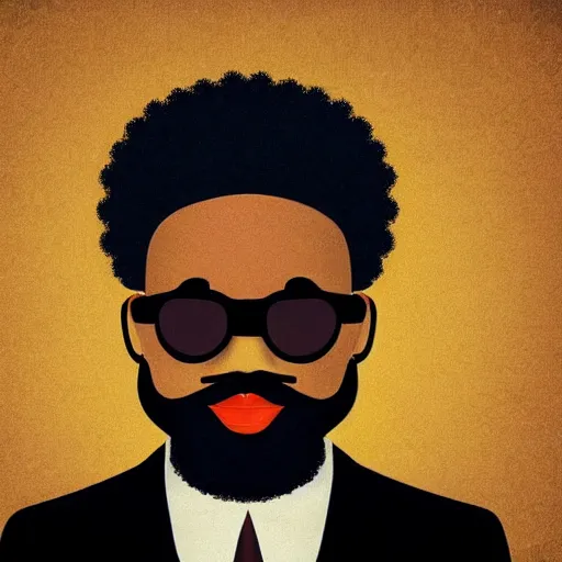 Prompt: art of a black man with an afro, Afro pick, black framed glasses, goatee and beard, honeycomb background in the style of René Magritte