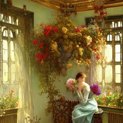 Prompt: a beautifull intricate oil painting of a victorian room with flowers, reflexions, verry high details by william turner art, greg rutkowski and alphonse mucha, trending on artstation, very very detailed, masterpiece, intense colours, wide lens,