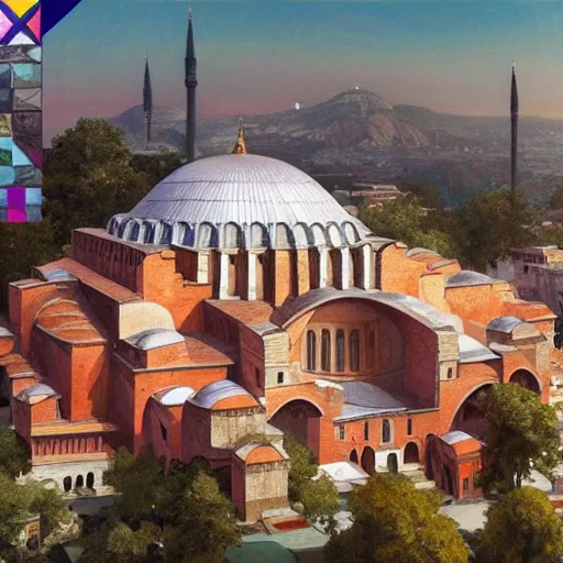 Image similar to a highly detailed painting of the hagia sophia and the done of the rock in a vaporwave style, ultrawide lense, aerial photography, unreal engine, exquisite detail, 8 k, art by greg rutkowski and alphonse mucha