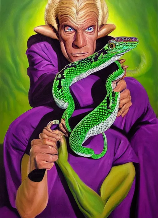 Image similar to oil painting portrait of a cowboy lizard person, a gorn from star trek, a snake oil salesman wearing a blonde wig in a movie poster for a movie called gorn on the bull horn girl, purple green color scheme