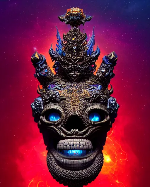 Image similar to 3 d ornate carved dark cosmic king with profile portrait, sigma 5 0 0 mm f / 5. beautiful intricate highly detailed quetzalcoatl skull. bioluminescent, plasma, lava, ice, water, wind, creature, thunderstorm! artwork by tooth wu and wlop and beeple and greg rutkowski, 8 k trending on artstation