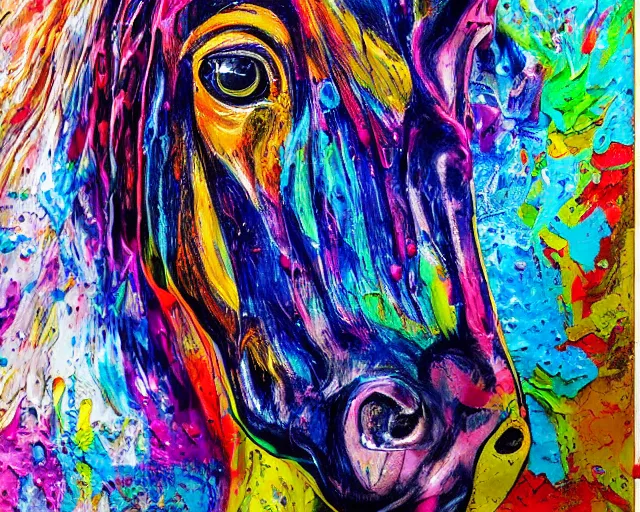 Prompt: abstract expressionist portrait of a horse head made of very thick impasto paint and acrylic pour and coloured powder explosion and splashing paint and dripping paint and flying paint chunks, motion blur, hyperrealistic, intricate art photography, anatomically correct, realistic crisp textures, 1 6 k