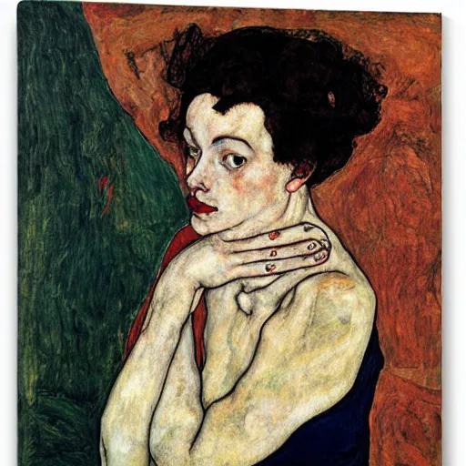 Prompt: Drinking lady by Egon Schiele, full body portrait