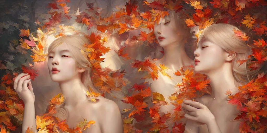 Prompt: breathtaking detailed concept art painting art deco pattern of blonde goddesses faces amalgamation autumn leaves, by hsiao - ron cheng and volegov, bizarre compositions, exquisite detail, extremely moody lighting, 8 k