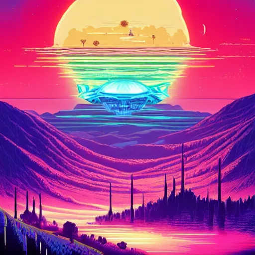 Prompt: gigantic alien mothership above a beautiful synthwave landscape, artwork by dan mumford and craig bruyn