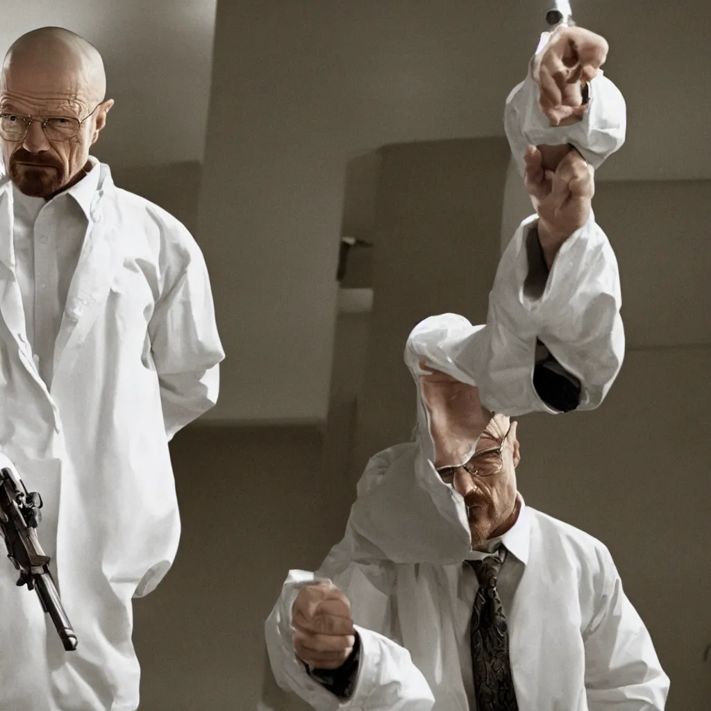 Image similar to walter white in a white suit, holding a pistol