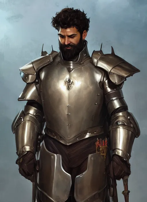 Prompt: medium-length portrait of a male paladin with short curly hair and a dark beard, dark brown skin, happy expression, wears a suit of power armor, medieval setting, highly detailed, digital painting, artstation, concept art, sharp focus, illustration, art by greg rutkowski and alphonse mucha