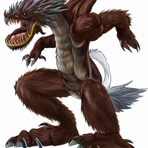 Image similar to medium sized brown feathered dragon that stands on 2 legs with razor sharp teeth and sharp claws, highly detailed, my hero academia art style