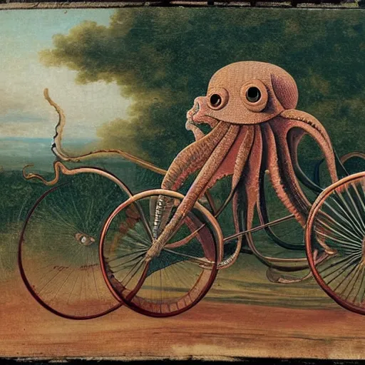 Image similar to an octopus riding a victorian bicycle