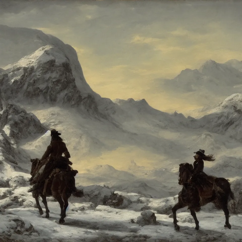Image similar to dark figure on horseback in an icy landscape with snow covered mountains in the distance, Kristian Wåhlin,
