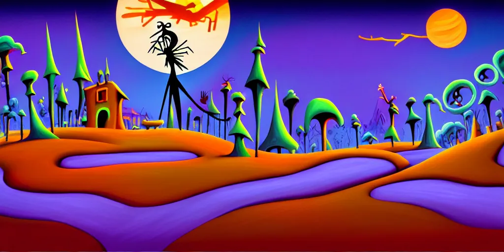 Prompt: a cartoon night landscape game background in art deco surrealism expressionism, artstation, nightmare before christmas