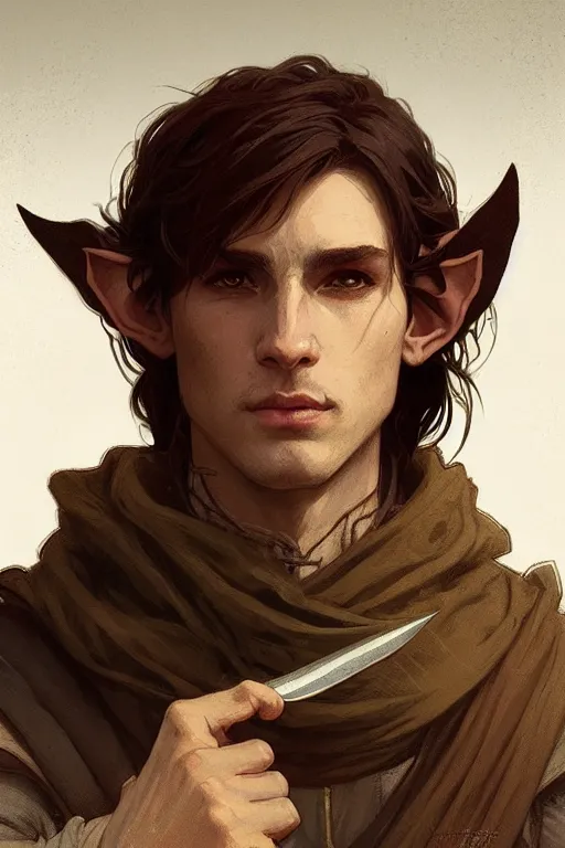 Image similar to portrait of a beautiful fit young elf male ranger, with fluent cloths, leather armor, by greg rutkowski and alphonse mucha, d & d character, gradient brown to white, autumn background, highly detailed portrait, digital painting, artstation, concept art, smooth, sharp focus illustration, artstation hq