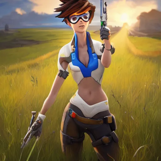 prompthunt: beautiful oil painting of tracer from the game overwatch in the  style of mark arian, standing alone in grassy field, smiling while the sun  shines down, feminine face, light rays, radiant