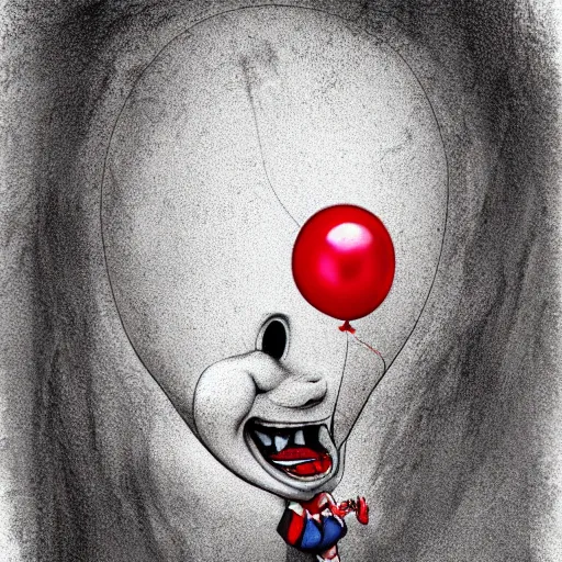 Image similar to surrealism grunge cartoon portrait sketch of a flower inside a balloon with a wide smile and a red balloon by - michael karcz, loony toons style, chucky style, horror theme, detailed, elegant, intricate