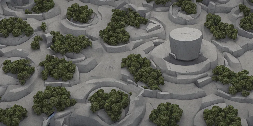 Image similar to 3d painted landscape with a single small yugoslavian brutalism monument in the center by james jean, redshift, octane