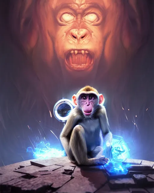 Image similar to Monkey Mad Scientist, laughing, D&D, artstation, fantasy, magic the gathering artwork, cinematic lighting, centered, symmetrical, highly detailed, digital painting, , concept art, smooth, sharp focus, illustration, volumetric lighting, epic Composition, 8k, art by Akihiko Yoshida and Greg Rutkowski and Craig Mullins, oil painting, cgsociety