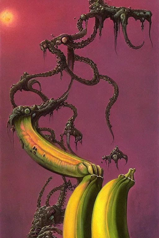 Image similar to cosmic horrors on my giant banana, close up of a banana, by zdzislaw beksinski, by dariusz zawadzki, by wayne barlowe, gothic, surrealism, cosmic horror, lovecraftian, cold hue's, warm tone gradient background, concept art, beautiful composition