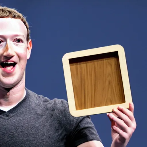 Image similar to mark zuckerberg holding a wooden coaster up to the camera